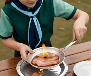 A scout cooking bacon on an almond